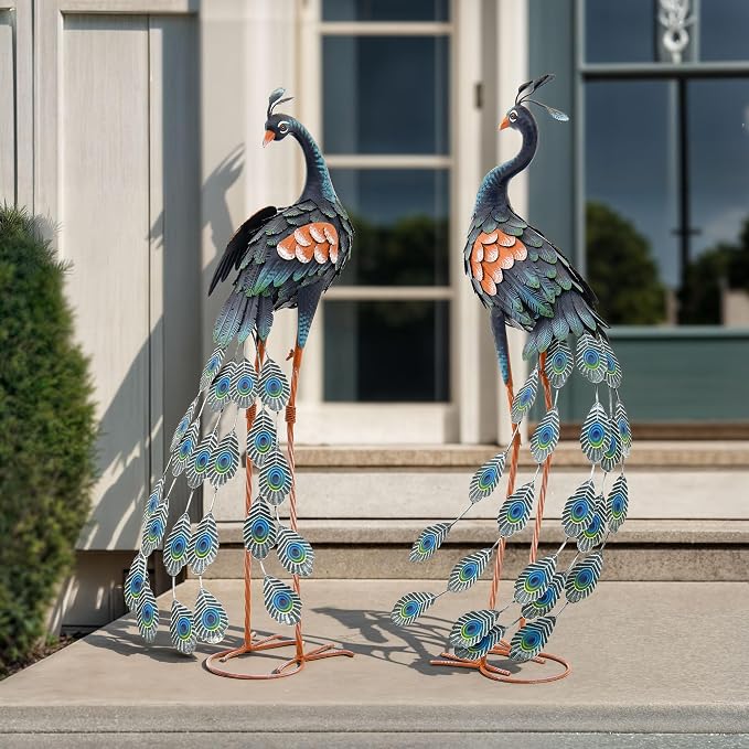 36" Oversized Peacock Decor Set of 2, Hand-Painted Metal Yard Art, Weatherproof Outdoor Garden Statues & Sculptures for Lawn, Flower Beds, Patio, Backyard or Indoor Kitchen & Home Decor