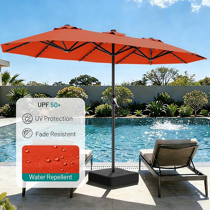 AreShark 13 FT Patio Umbrella with Solar Lights, Double-Sided Outdoor Table Umbrellas with Crank, Large Rectangular Market Umbrella for Porch, Lawn, Pool, Backyard, Orange