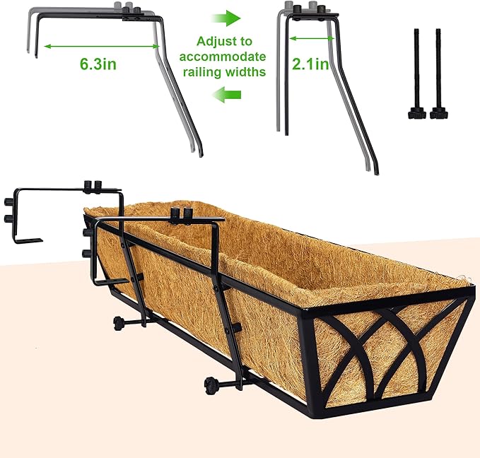 Y&M Hanging Railing Planter Boxes 4 Pack, 24 Inch Adjustable Balcony & Deck Planter, Heavy Duty Metal Flower Box for Porch, Fence & Window, Outdoor Plant Holder