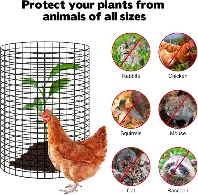 YEXEXINM 20 Pack 12" H X 4" D Wire Small Plant Protector from Animals, 20 Pcs Small Metal Plant Cage Chicken Wire Cloche with Ground Stakes and Nylon Tie to Keep Animals Out Garden Protection