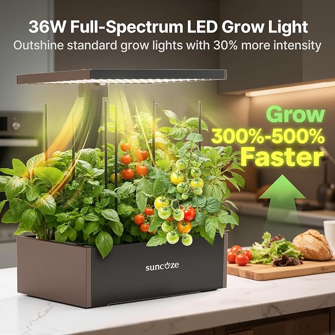 SUNCOZE Hydroponics Growing System Kit, 20 Pods Indoor Herb Garden with 10L Large Tank & Adjustable Height 25", 30W LED Grow Light, LCD Display with Pump & Low Water Reminder, Black&Brown