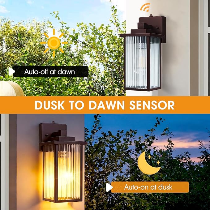 2 Pack of 13 Inch Oil-Rubbed Bronze Outdoor Wall Lights, Dusk to Dawn Exterior Light Fixture, IP65 Waterproof Rust-Resistant Metal & Textured Glass Wall Mount Sconce for Porch Garage Entryway