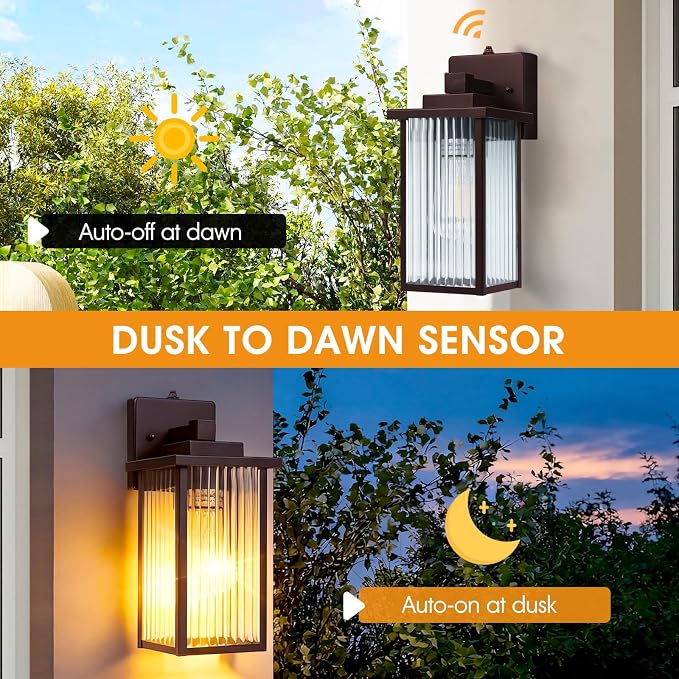 13-Inch Oil-Rubbed Bronze Outdoor Wall Light, Dusk to Dawn Exterior Light Fixture, IP65 Waterproof Rust-Resistant Metal & Textured Glass Wall Mount Sconce for Porch Garage Entryway