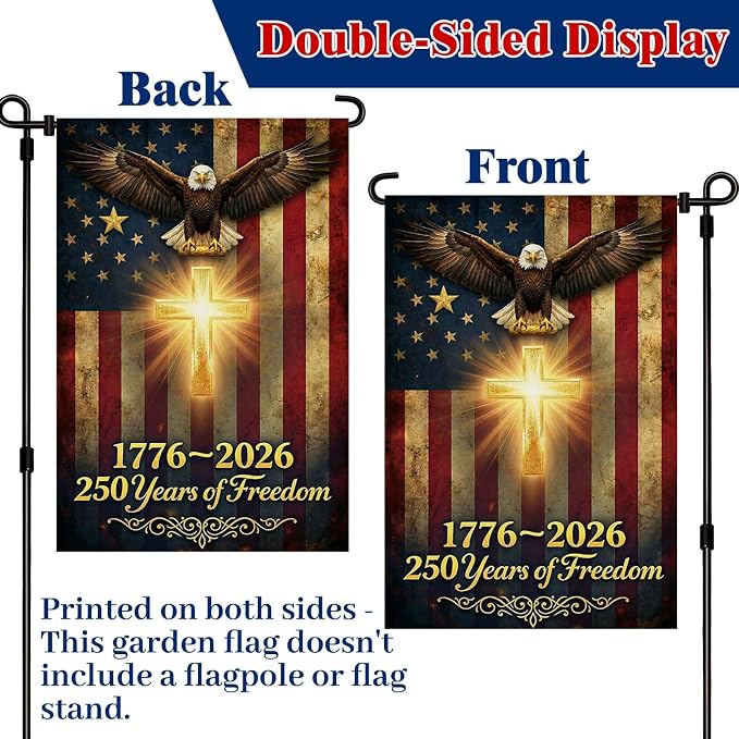 250 Anniversary USA Garden Flag, Double Sided Waterproof Patriotic Eagle Cross Flag 1776-2026, Christian Outdoor Yard Decor (12x18'')