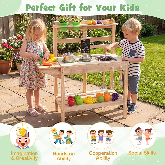 HONEY JOY Mud Kitchen, Fir Wood Mud Table Potting Bench for Kids Outdoor, Chalkboard, Flowerpots, Montessori Outdoor Play Kitchen for Toddlers, Children Backyard Furniture for Garden Patio, Natural