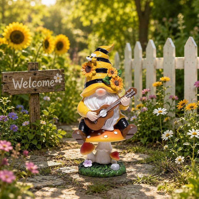 basen Spring Bee Gnome Garden Statue Resin Gnome Figurine with Mushroom Seat and Guitar, Bee Decor for Indoor Outdoor Patio Yard Porch Shelf, Sunflower Home Accent Gift