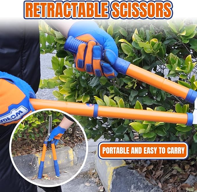 WADFOW Hedge Clippers:Bush Clippers With Adjustable Length Handle and Wavy SK-5 Steel Blade,Hedge Shears for Pruning Borders and Bushes, Blue and Yellow