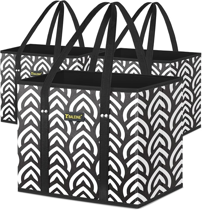 BALEINE 3Pk Reusable Grocery Bags, Foldable Shopping Bags for Groceries with Reinforced Bottom & Handles (Honeysuckle)
