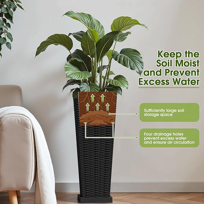 Devoko Resin Tall Planters for Outdoor Plants Set of 2, Large Taper Outdoor Planter Pots with 4 Drainage Holes, Flower Pots Modern Decor for Porch, Patio, Backyard, Garden(Black, 23.6" with Trays)