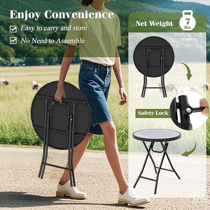Giantex Folding Outdoor Side Table with Tempered Glass Tabletop & Metal Frame, Portable 18” Round End Table for Patio, Sofa Side, Yard, Porch, Poolside Living Room, Grey