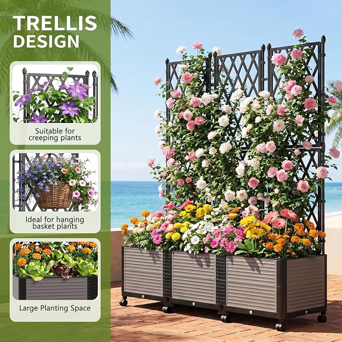 Raised Garden Bed Planter Box with Trellis, 63''H Tomato Planters for Climbing Plants Vegetable Vine Flowers Outdoor Patio Tomato Cage, Self Watering Planter with Wheels