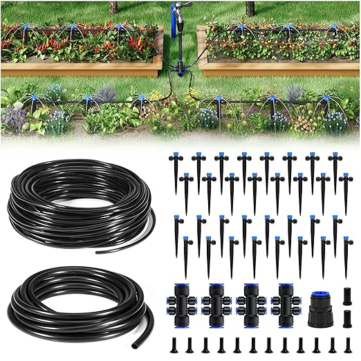 HIRALIY 200FT Drip Irrigation System Kit, Quick-Connect Garden Watering System with 33FT Main Hose and 167FT 1/4" Tubing, Adjustable Drippers for Raised Beds, Greenhouse, Patio & Lawn