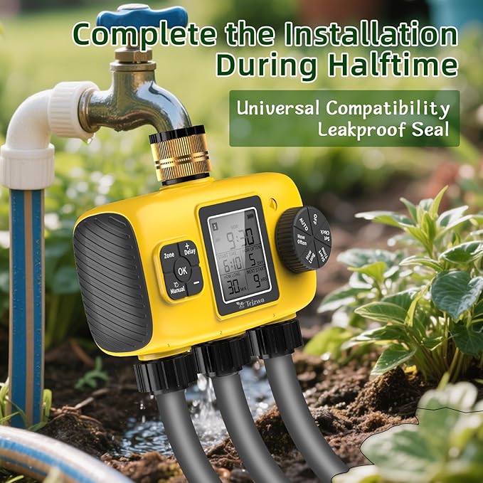 3 Zone Sprinkler Timer for Garden Hose,Garden Hose Timer with Brass Inlet,Programmable Automatic&Manual Irrigation System with LCD Display for Yard/Lawn/Pool,Rain Delay,IPX5 Waterproof
