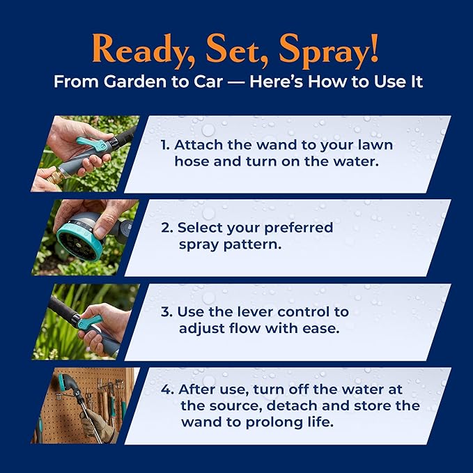 9-Pattern 36-inch Watering Wand 600004, 270° Pivot Head, Heavy-Duty Hose End Sprayer w/Lever Control for Fruit Trees, Yard Work, & Car Cleaning, Fits Outdoor Garden Hoses, by New England Garden Tools