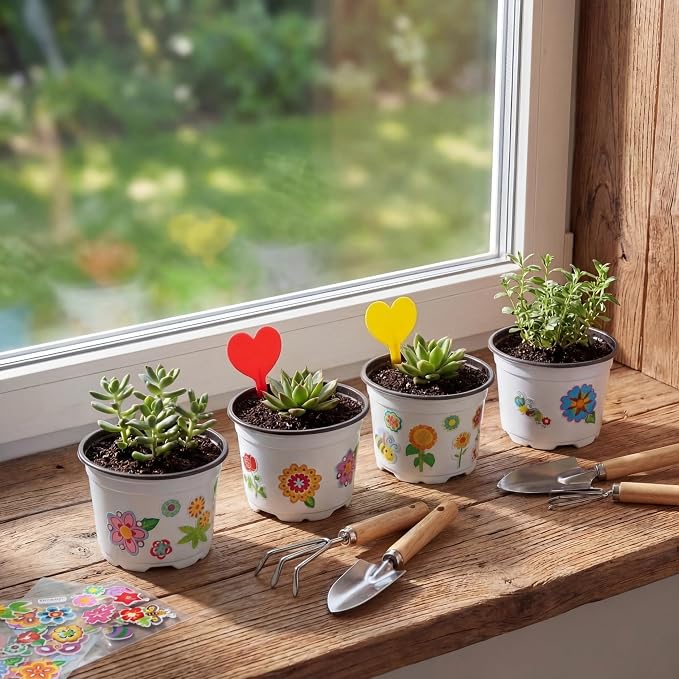 100 Sets Garden Pot Craft Kit, Flower Plant Spring Craft Including Plastic Nursery Plant Pots Labels Tags Stickers for DIY Flower Planting Growing Birthday Arts Kit (Pure)