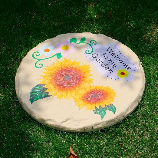 4Pcs Large Stepping Stones Outdoor Garden Walkway, Durable Plastic Pavers for Patio, Pathway, and Landscaping, Weatherproof Stepping Stones with Ground Stakes for Easy Installation (Round Sunflower)
