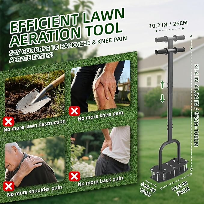 11-Spike Lawn Aerator, Heavy Duty Steel Manual Aeration Tool for Yard | Anti-Clog Design, 12.2”x6” Wide Pre-Assembled Base, Heavy Duty Steel Lawn Aeration Tool for Yard Lawn Soil Aeration