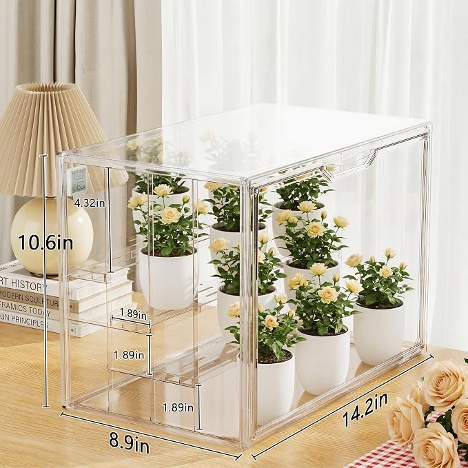 Clear Mini Indoor Greenhouse, with Hygrometer and Magnetic Door, Stackable | Small Tabletop Portable Green House (Plants and Pots are not Included)