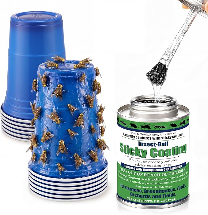 Insect Trap Sticky Coating with Brush and 12 Pcs Plastic Cups, 8 oz Insect Barrier Kit Outdoor DIY Adhesive Coating Pests for Gardens Greenhouses Orchards Plants(Deer Fly Trap Kit)
