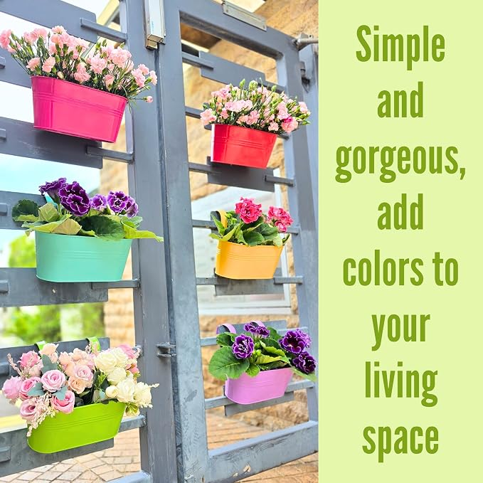 LaLaGreen Rail Planter (11.8 Inch, 6 Pack) Colorful Outdoor Hanging Flower Metal Planters Railing Fence Balcony Gardening for Apartment Patio Modern Garden Style Iron Deck Decoration Porch Decor Pots