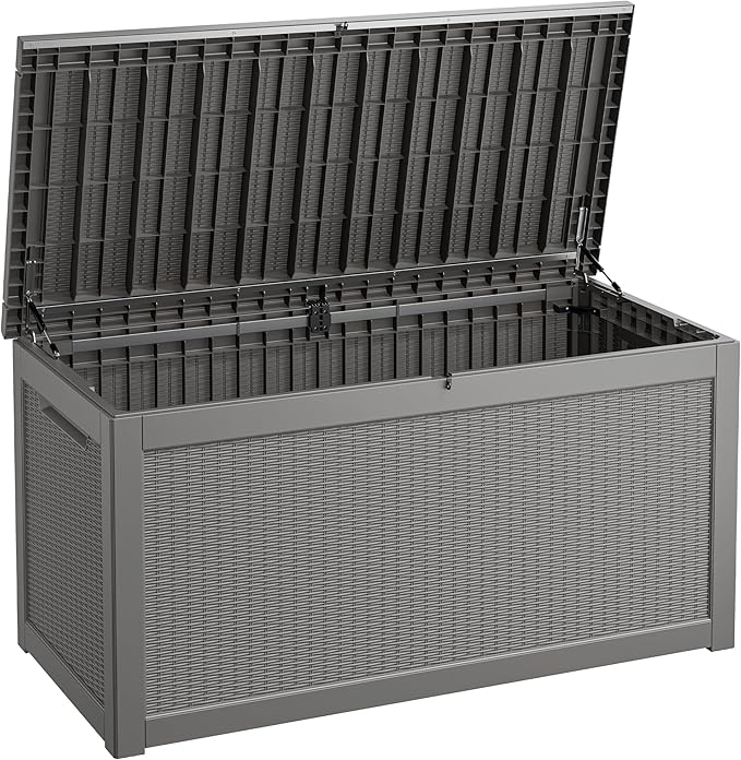 Fancyango 280 Gallon Outdoor Deck Box Waterproof, Large Storage Box for Patio, Resin Storage Bench Lockable for Garden Tools, Package Delivery, Grey