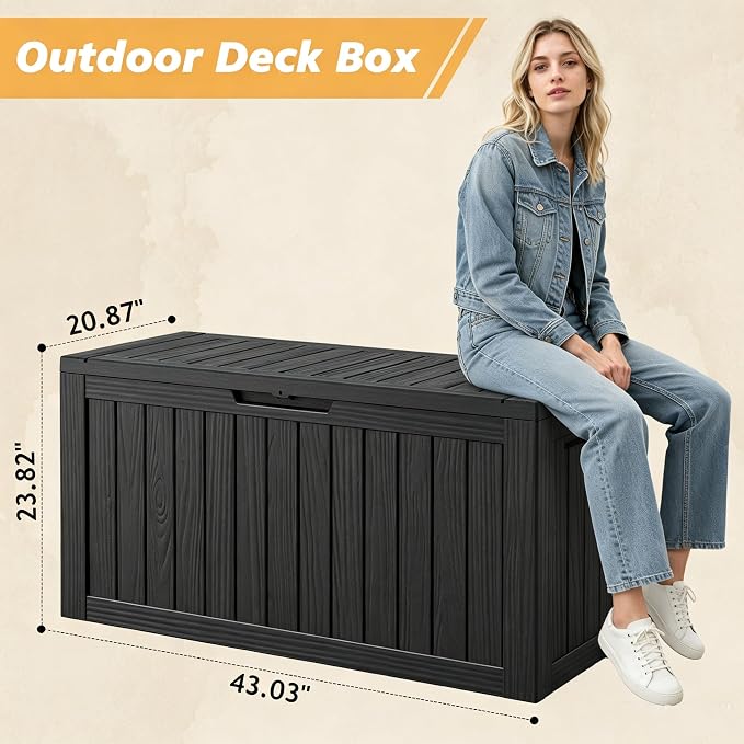 Fancyango 110 Gallon Outdoor Deck Box Waterproof, Large Storage Box for Patio, Resin Storage Bench Lockable for Garden Tools, Package Delivery, Black