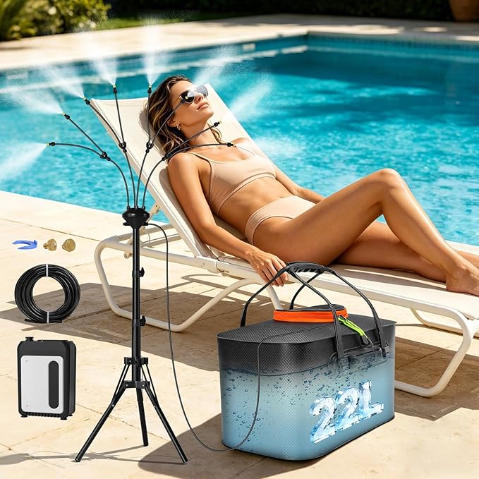Bonviee 5.3FT Standing Mister for Outside Patio, Portable Misting System with Adjustable Tripod, 5.8Gal/22L Water Tank, 5200mAh Rechargeable Pump & 8 Flex Arm Nozzles for Outdoor Cooling