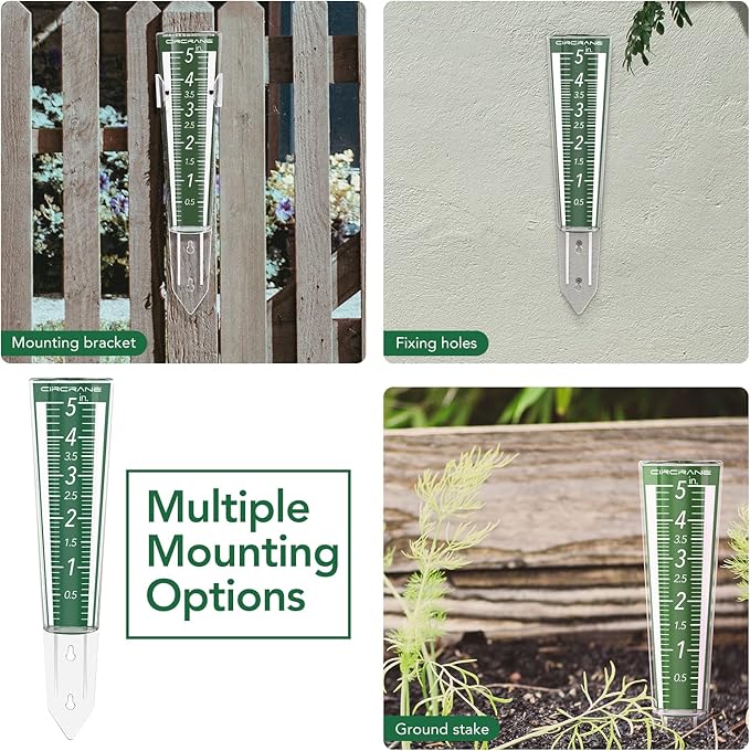 Circrane 5-Inch Capacity Outdoor Rain Gauge with Additional Hang Bracket& Stainless Steel Screws, Magnifying Scale and Numbers Design for Easy Read (Green)