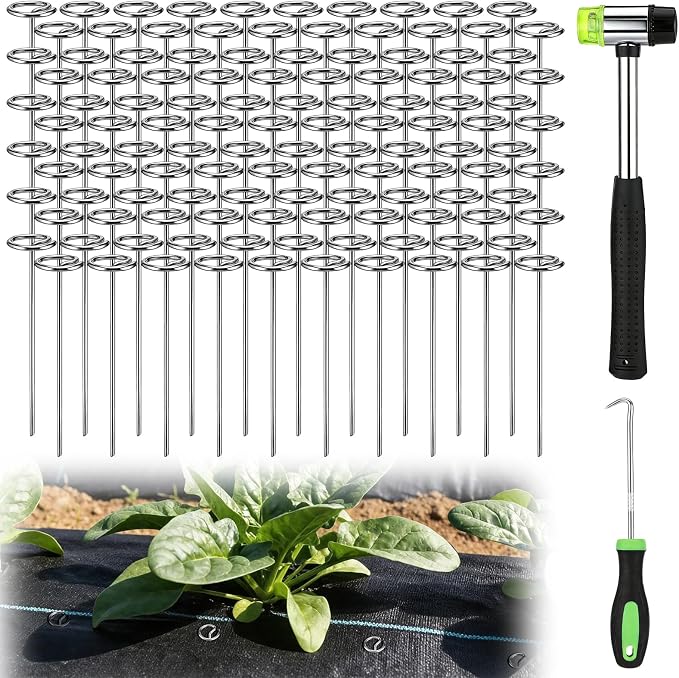 6 Inch Landscape Staples with Hook & Hammer - 120pcs Circle Top Weed Barrier Stakes Kit, 9 Gauge Galvanized Rust-Resistant Garden Fabric Pins, for SOD, Garden Edging, Install & Remove Tools Included