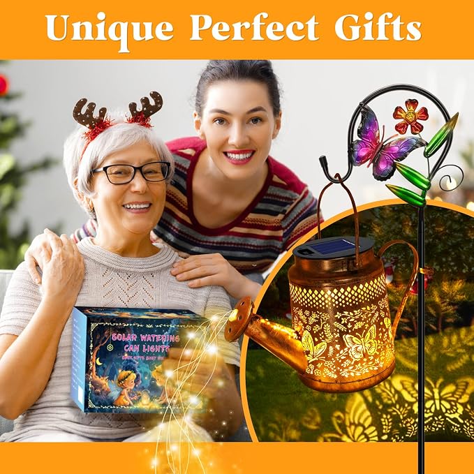 Big Solar Butterfly Watering Can Lights, Gift For Mom Grandma Women Wife Daughter Mother's Day, Waterproof Hanging Lantern Lights With Shepherd Hook, Outdoor Decor For Garden Patio Yard Porch Backyard