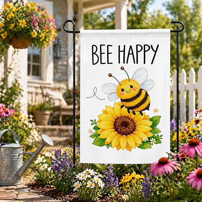 Summer Party Decorations - Bee Happy Summer Garden Flag | Double Sided Sunflower Welcome Yard Decor | Summer Party Accessories Backdrop Favors Supplies Decor for Garden Yard Porch Patio Lawn Outdoor Outside