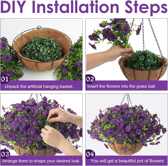 Hananona 2 Set Artificial Outdoor Flowers with Hanging Basket, 2 Hanging Planters with 24 Pcs Flowers for Spring Summer Front Porch Garden Patio Home Decor (2, Purple)
