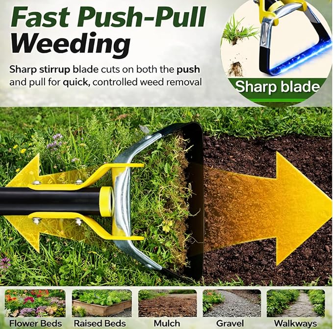 Garden Hoe For Weeding - Sharp Push Pull Blade,Stainless Steel Action Stirrup Hoe, 30-72inch Long Handle, Stainless Steel Scuffle Hoe For Outdoor Flower Beds, Yard, Mulch, Gravel,Raised Beds