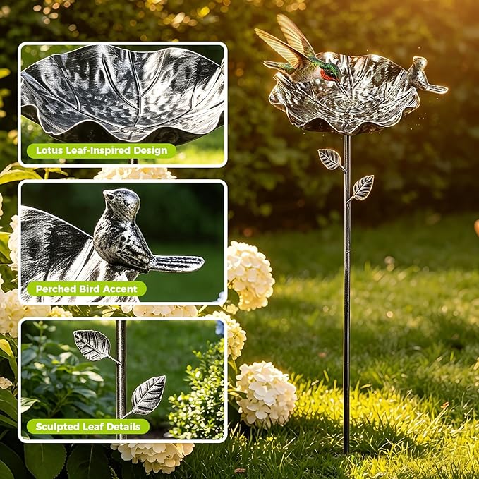 Bird Bath for Outside, 28 Inches Metal Bird Feeders for Outdoors, Bird Water Bowl & Hummingbird Feeders, Antique Garden Decorative Stakes for Yard Lawn Decor, 2 PCS, Silver