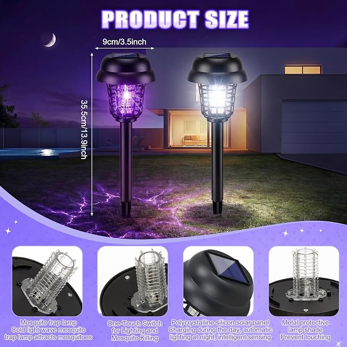 Qualirey 12 Pcs Solar Mosquito Zapper Outdoor Waterproof Solar Powered Bug Zapper Outdoor Mosquito Killer Lamp Trap Repellent Light for Garden Yard Insect (Purple and White Light,Black)