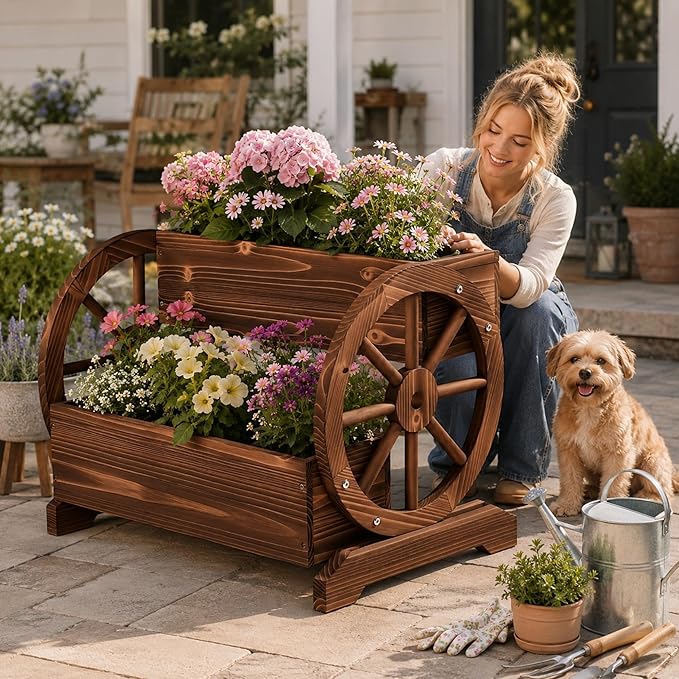 Extra Large Wooden Wagon Planter Box, 24" W 2-Tier Decorative Flower Cart with Wheels, Rustic Raised Garden Bed with Drainage Holes & Non-Woven Liner for Outdoor Plants, Flowers Herbs Vegetables