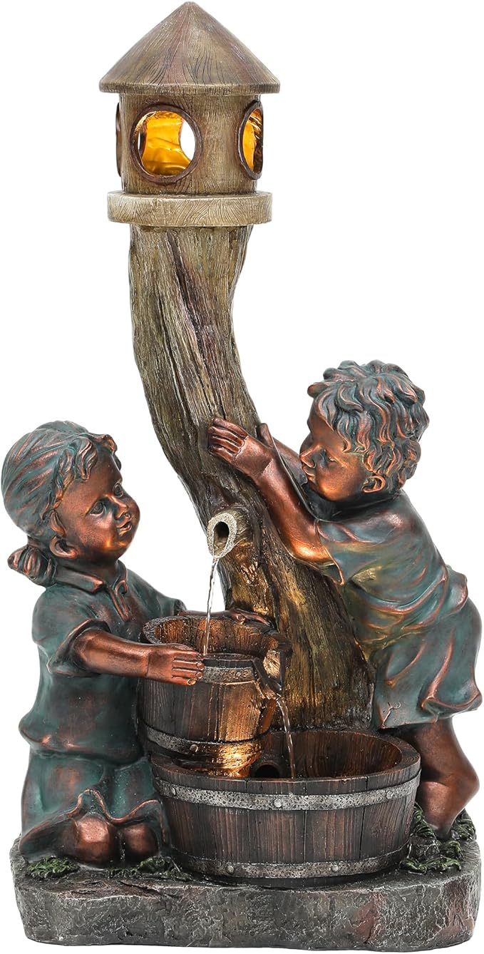 31" H Boy & Girl Outdoor Water Fountain with LED Lights, Faux Bronze Resin Statue Fountain, Wood Barrel & Pagoda Design, 3-Tier Cascading Waterfall for Serene Patio, Yard and Porch