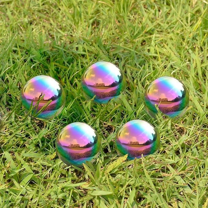 Nerien Gazing Ball, 2 Inch Stainless Steel Garden Mirror Globe, Polished Ornament Sphere, Hollow Floating Reflective Hemisphere, for Home Outdoor Pond Housewarming Swimming Decoration, Rainbow, 5pcs