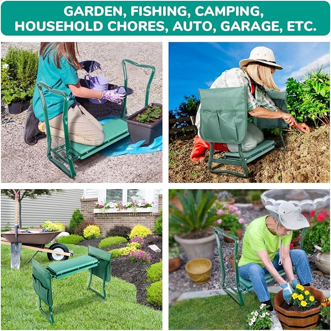 iPower Garden Kneeler and Seat with Sturdy Soft EVA Foam Pad, Foldable Kneeling Bench, 2 Tool Pouches Included, for Camping, Gardening, Fishing, Green