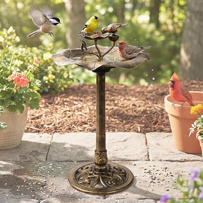 VINGLI Pedestal Bird Bath 28 Inch Antique Copper Resin Birdbaths Weather Resistant Floral Accents and Vintage Finish Garden Decor for Outdoor Lightweight Courtyard… (Copper-with Bird Feeder)