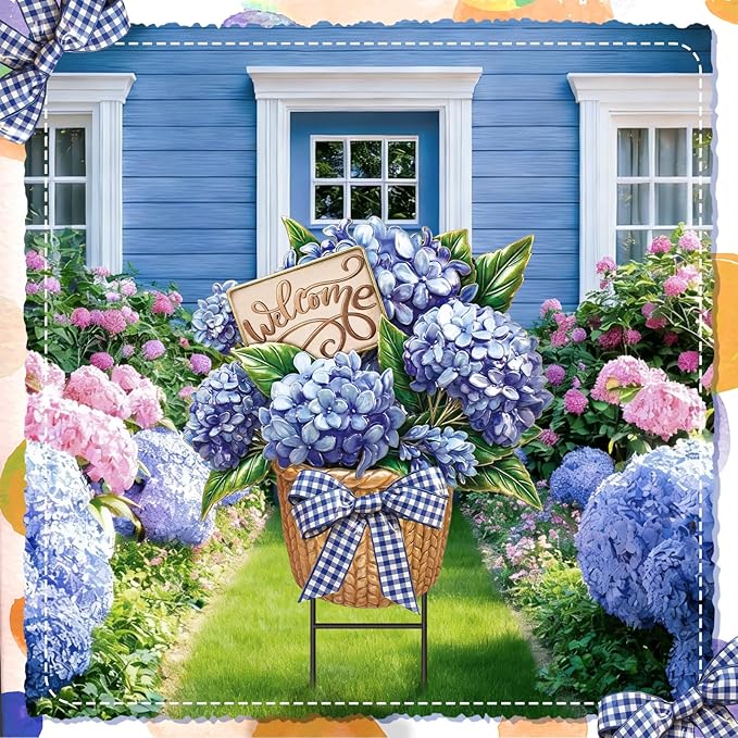 Amyhill Summer Outdoor Decor Hydrangea Metal Garden Stakes 25 Inch Decorative Hydrangea Yard Signs with Stakes Waterproof Floral Lawn Sign Welcome Outdoor Decorations for Patio Porch Lawn Backyard