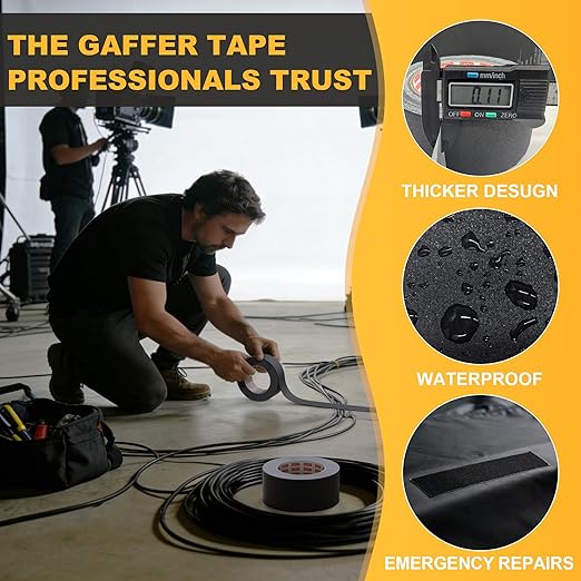 6 Pack Black Gaffers Tapes 2 Inch x 30 Yards x 11 Mil - Pro Black Gaff Tape - Waterproof, No Residue, Non-Reflective, Easy Tear - Photography, Filming Backdrop, Stage, Production (180 Yards in Tatal)