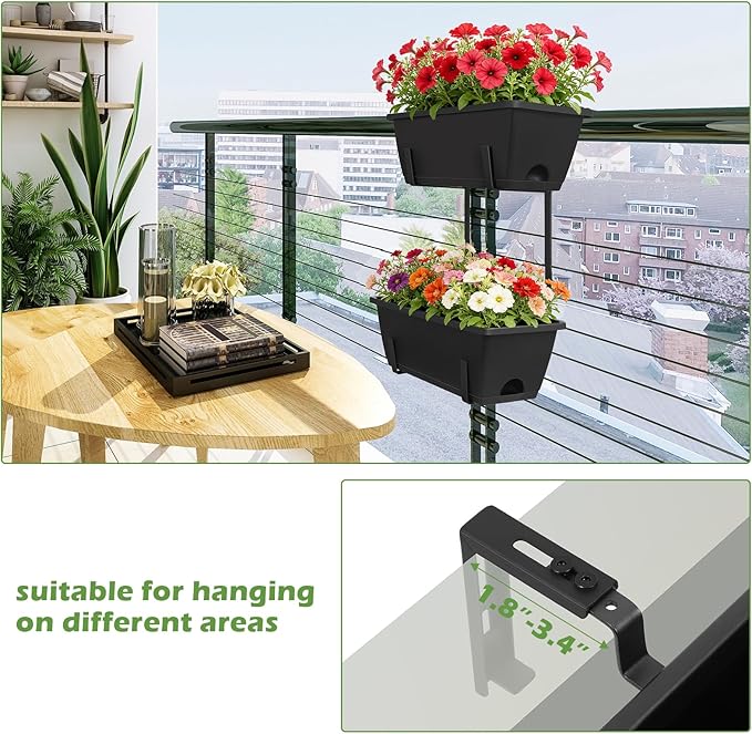 Railing Planter Boxes 2 Pack Window Boxes Planters with 2-Tier Adjustable Brackets, 17'’ Deck Railing Planter Boxes Vertical Balcony Hanging Flower Pots for Fence Rail Porch Garden Decor