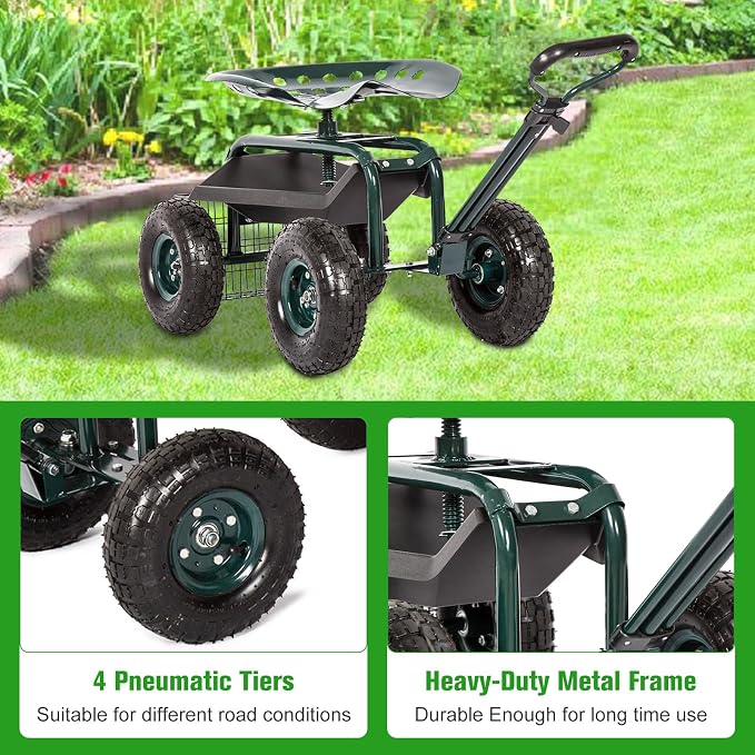kinbor Rolling Garden Scooter Garden Cart Seat with Wheels and Tool Tray, 360 Swivel Seat, Green