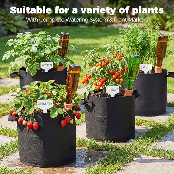 5-Pack 5 Gallon Self Watering Grow Bags with 5pcs Terracotta Watering Spikes, Fabric Growing Plant Bags Garden Planting Pots for Gardening Outdoor, Planter Bags for Potato Tomato Cucumbers Vegetables