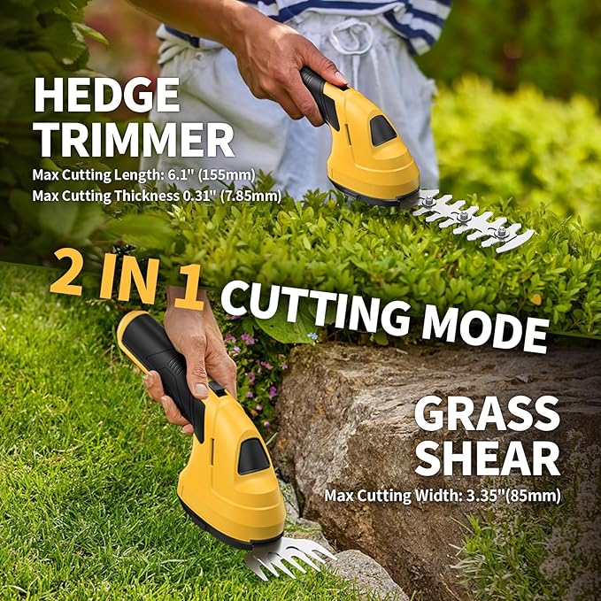 FULLYEA Cordless Grass Shear Hedge Trimmer, 2 in 1 Lightweight Electric Grass Trimmers, 2.0Ah Battery, Type-C Cable Included, Handheld Shrub Trimmer Grass Cutter for Garden(Yellow)