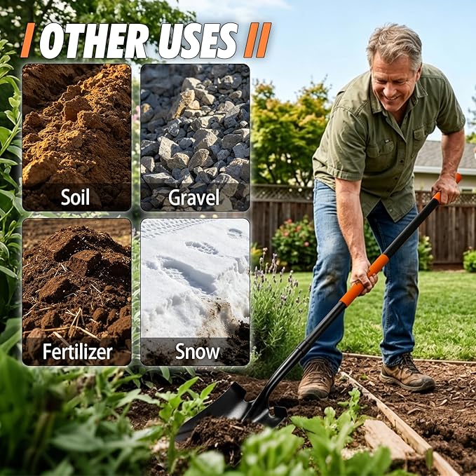 Shovel for Digging, Metal Shovel with Long Fiberglass Handle, Heavy Duty Shovel Garden Tool, 58 Inches