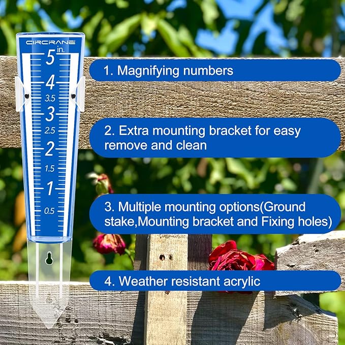 Circrane 5-Inch Capacity Outdoor Rain Gauge with Additional Hang Bracket& Stainless Steel Screws, Magnifying Scale and Numbers Design for Easy Read (Blue)