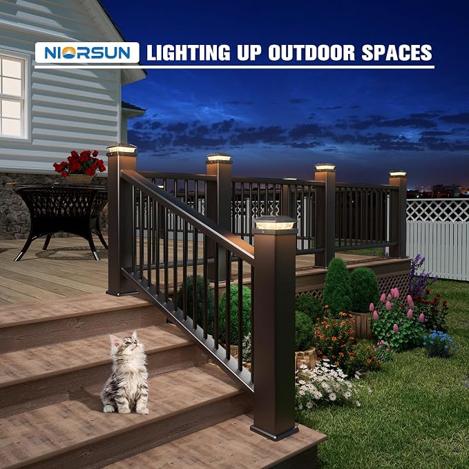 NIORSUN Solar Post Lights Outdoor, Fence Post Solar Lights Warm White, Waterproof, Garden Patio Fence Deck Decor, 4x4 Posts Cap Wood Vinyl, Black 8 Pack