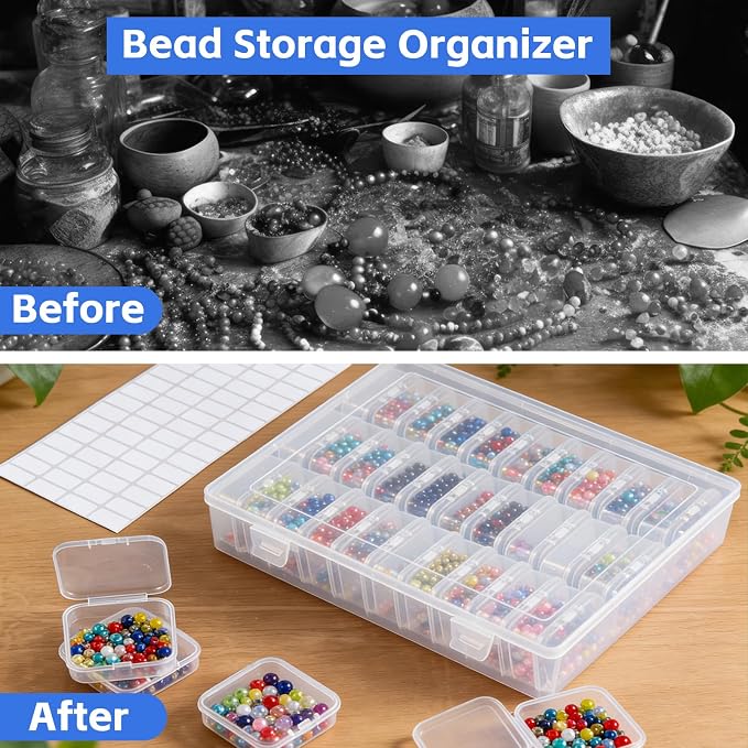 Bead Organizer Box 150Pcs Small Clear Plastic Bead Storage with Labels, Mini Craft Storage Containers with Hinged Lid for Jewelry Making, Beads, Nail DIY, Screws, Seeds Storage & Organizion